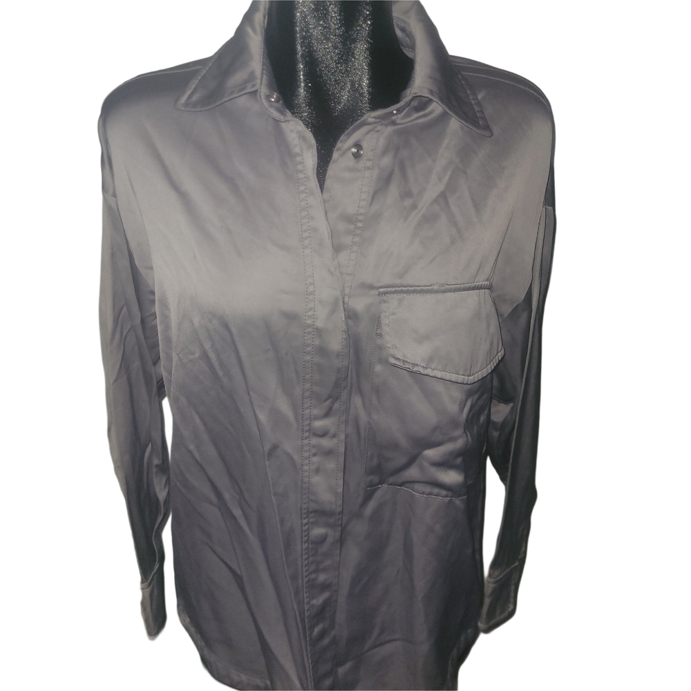 Zara Sleek Silver Gray Satin Snap Button-Up Relaxed Fit Shirt Size XS